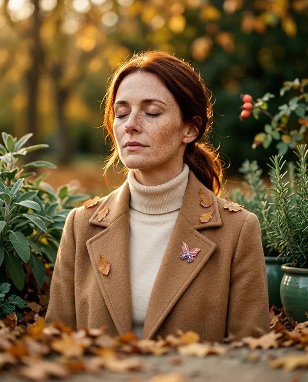 Woman with red hair taking a calming breath outdoors in autumn