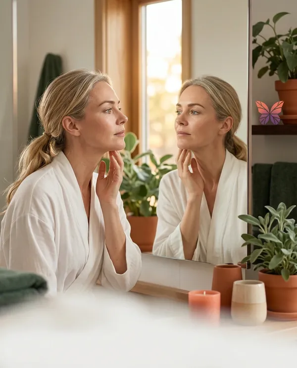 Blonde woman looking at herself in bathroom mirror with gentle expression