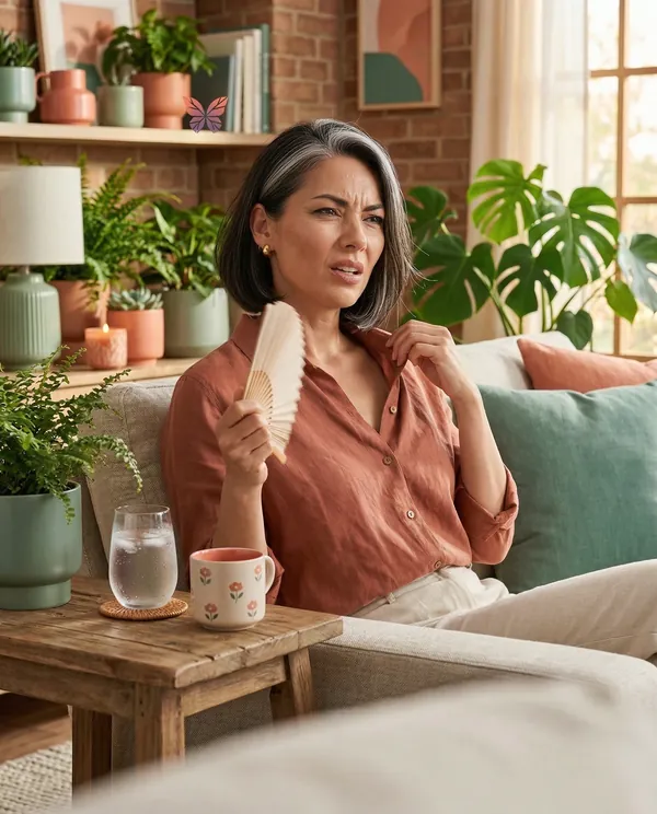 Woman mid-hot-flash on couch fanning herself with frustrated expression