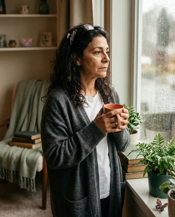 Mediterranean woman standing at rain-streaked window holding tea mug