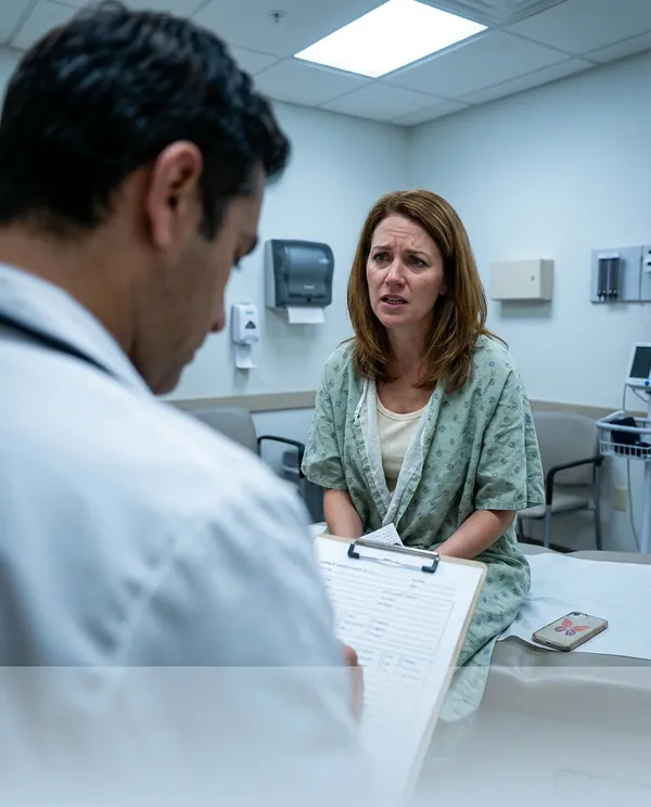 Woman trying to speak to doctor who is looking at clipboard instead of her
