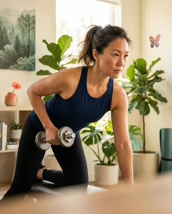 East Asian woman doing dumbbell row in bright home gym