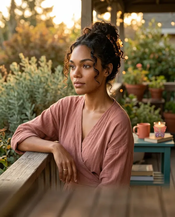 Woman sitting on porch at golden hour with contemplative expression