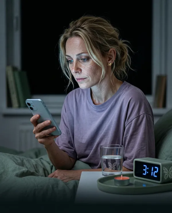 Blonde woman sitting in bed at 3 AM looking at phone