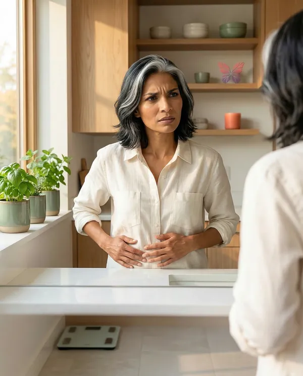 South Asian woman looking at herself in mirror with confused expression, hands on stomach