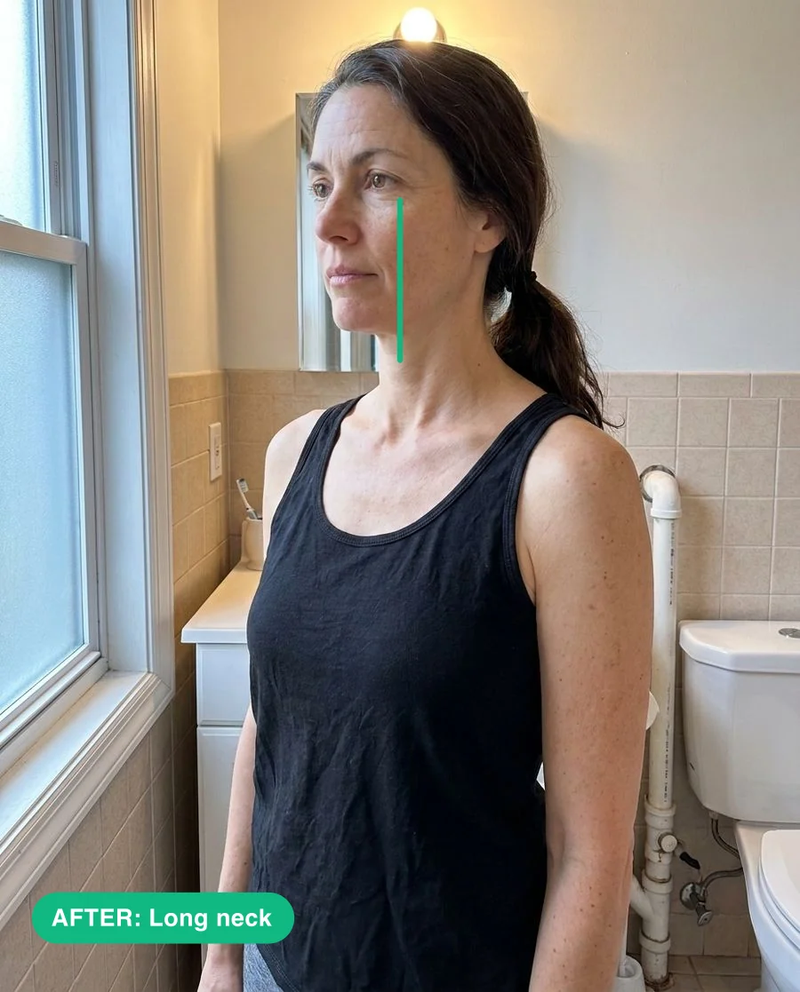 After — chin tucked, neck long