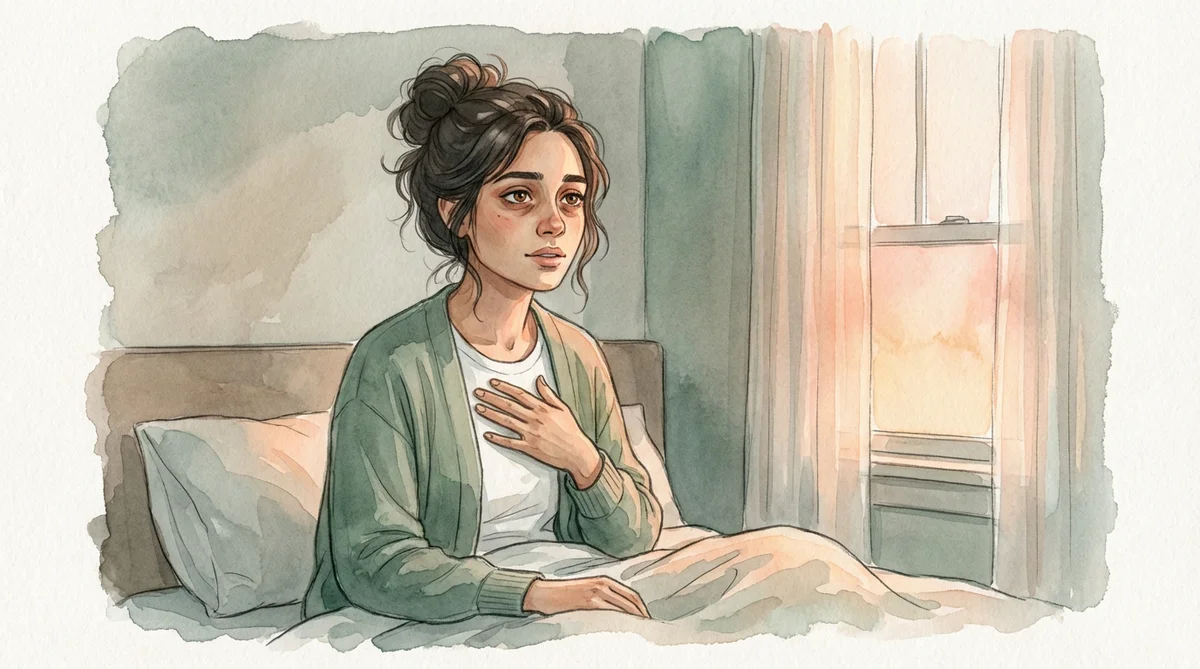 Mara sitting up in bed at dawn, hand on her chest, gazing toward the window — the first breath of self-compassion