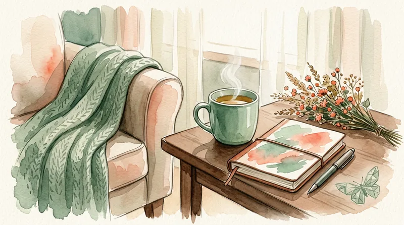 Cozy scene with tea, journal, and knit blanket — a moment of reflection after a doctor visit