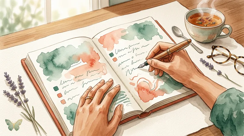 Hands writing in a watercolor journal with sage green checkmarks