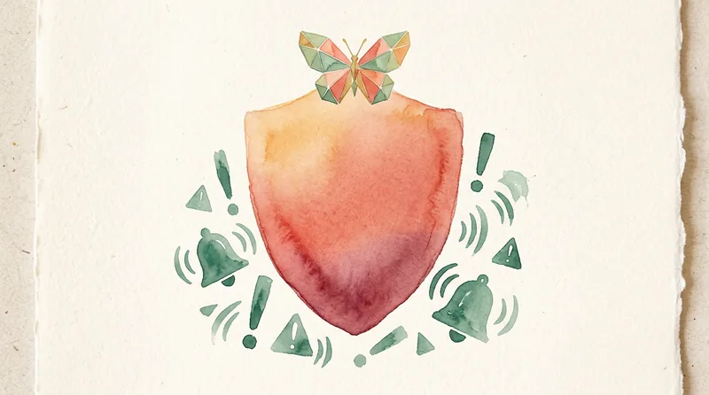 Watercolor warning shield with geometric butterfly, symbolizing awareness and protection