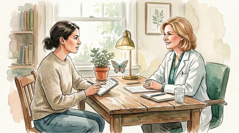 Patient and doctor in warm consultation, sharing notes across a wooden desk